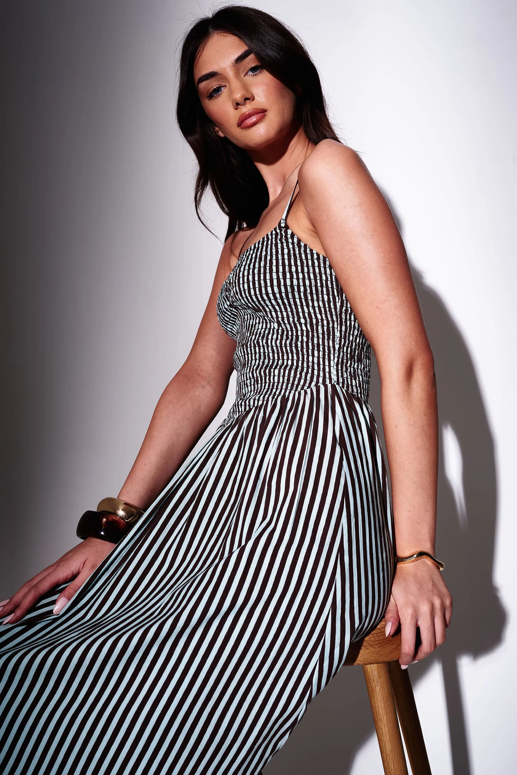 Eden Striped Smocked Waist Maxi Dress in Blue & Chocolate - Image 3