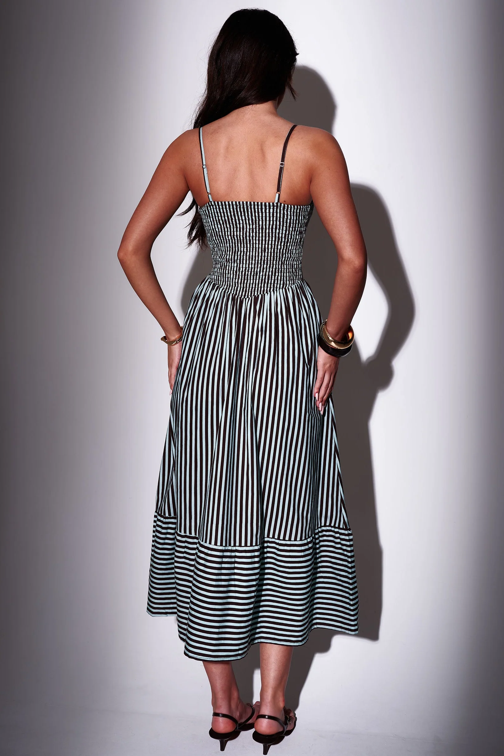 Eden Striped Smocked Waist Maxi Dress in Blue & Chocolate - Image 6