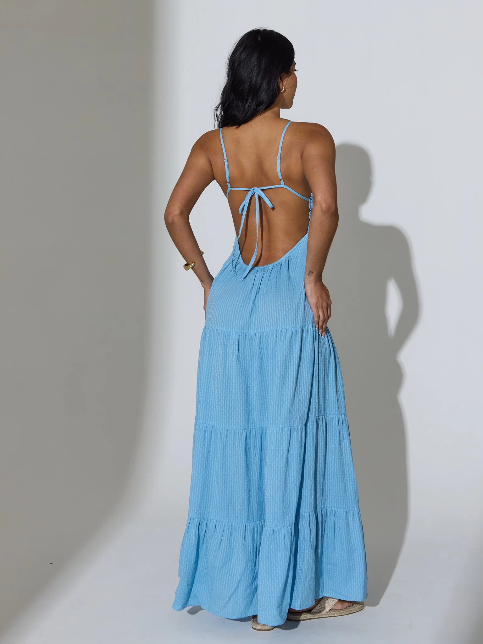Cannes Tiered Tie Back Maxi Dress in Blue - Image 3