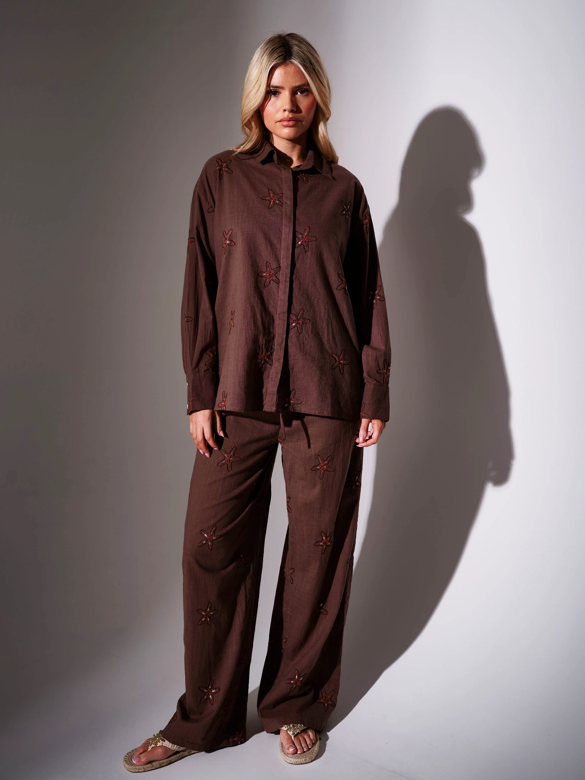 Palms Embroidered Starfish Trousers in Brown - Image 4
