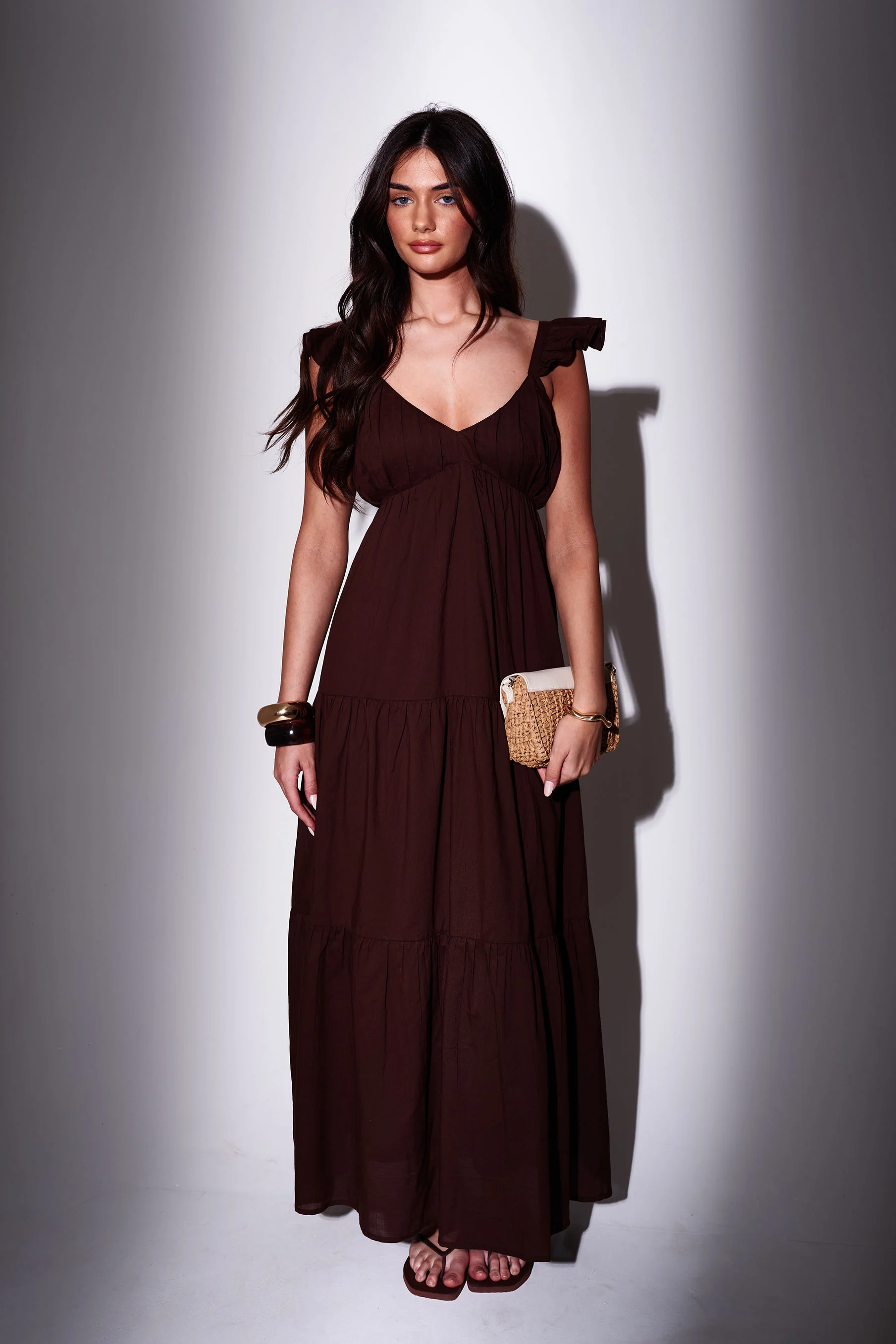 Frill Cotton Maxi Dress in Brown - Image 3