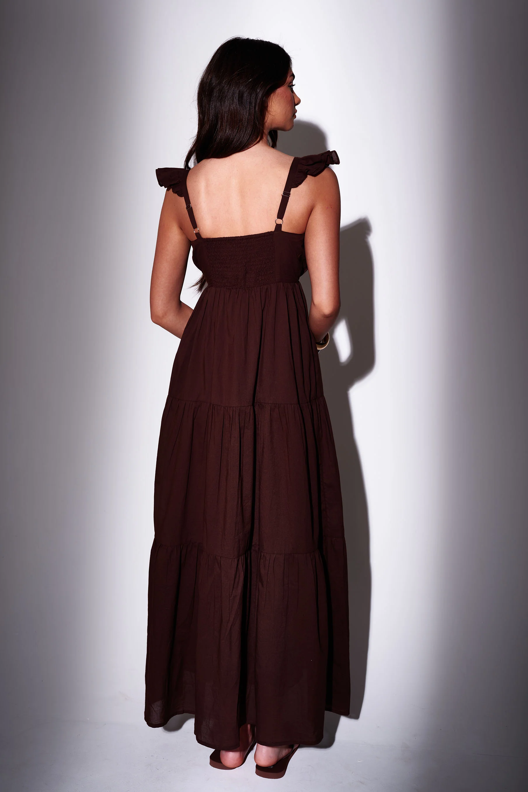 Frill Cotton Maxi Dress in Brown - Image 5