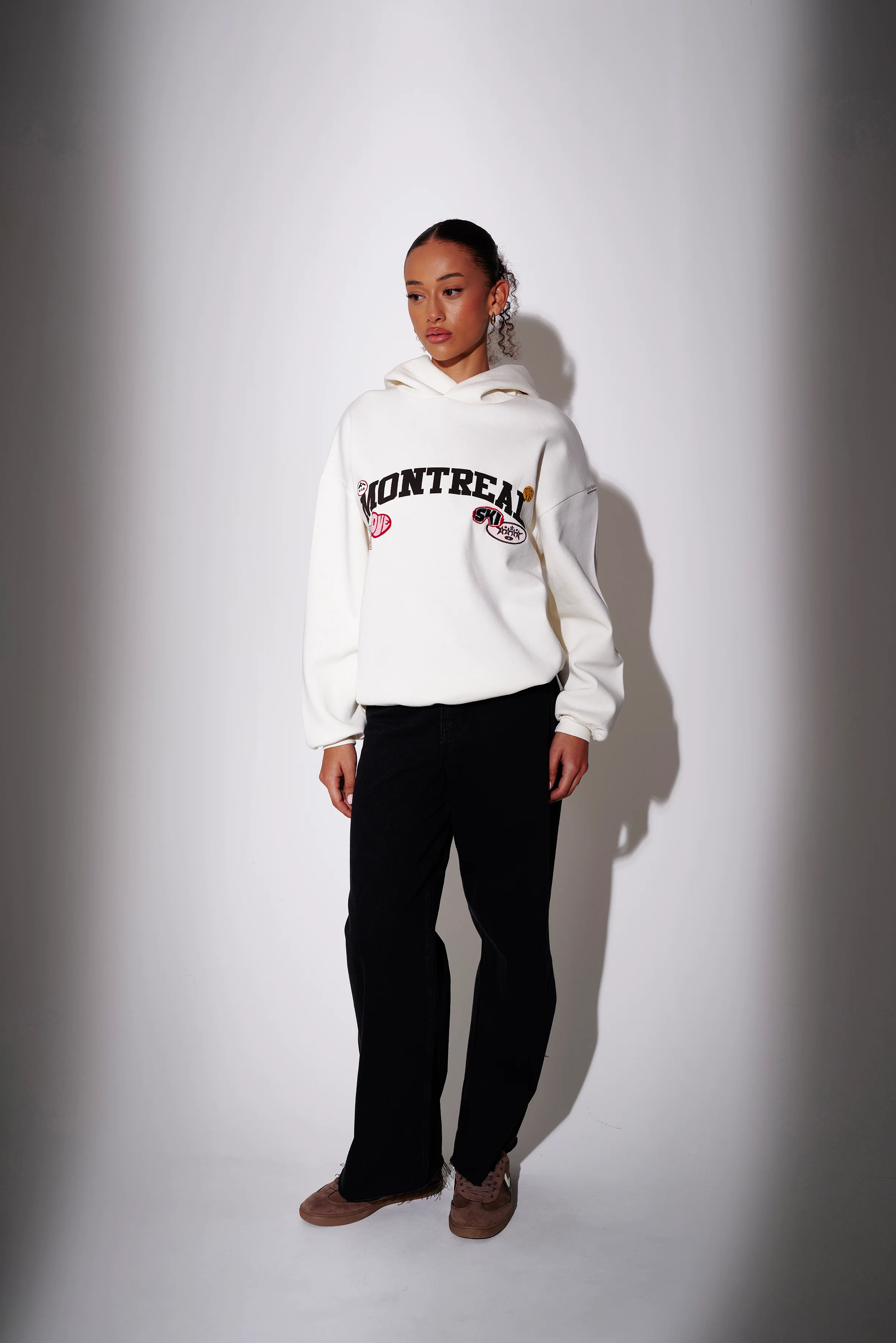 Montreal Applique Graphic Hoodie in Cream - Image 3
