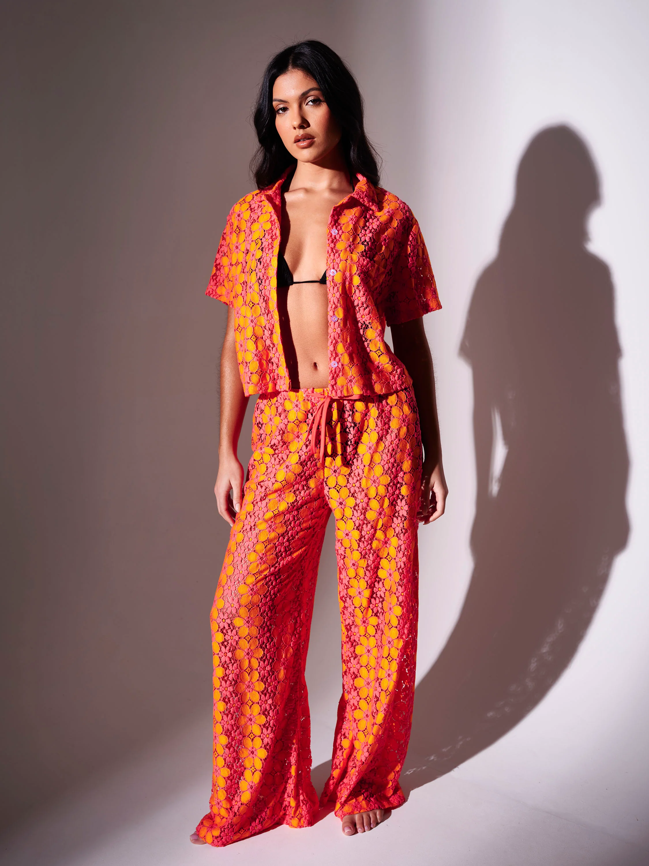 Selena Floral Crochet Wide Leg Trousers in Pink - Image 3