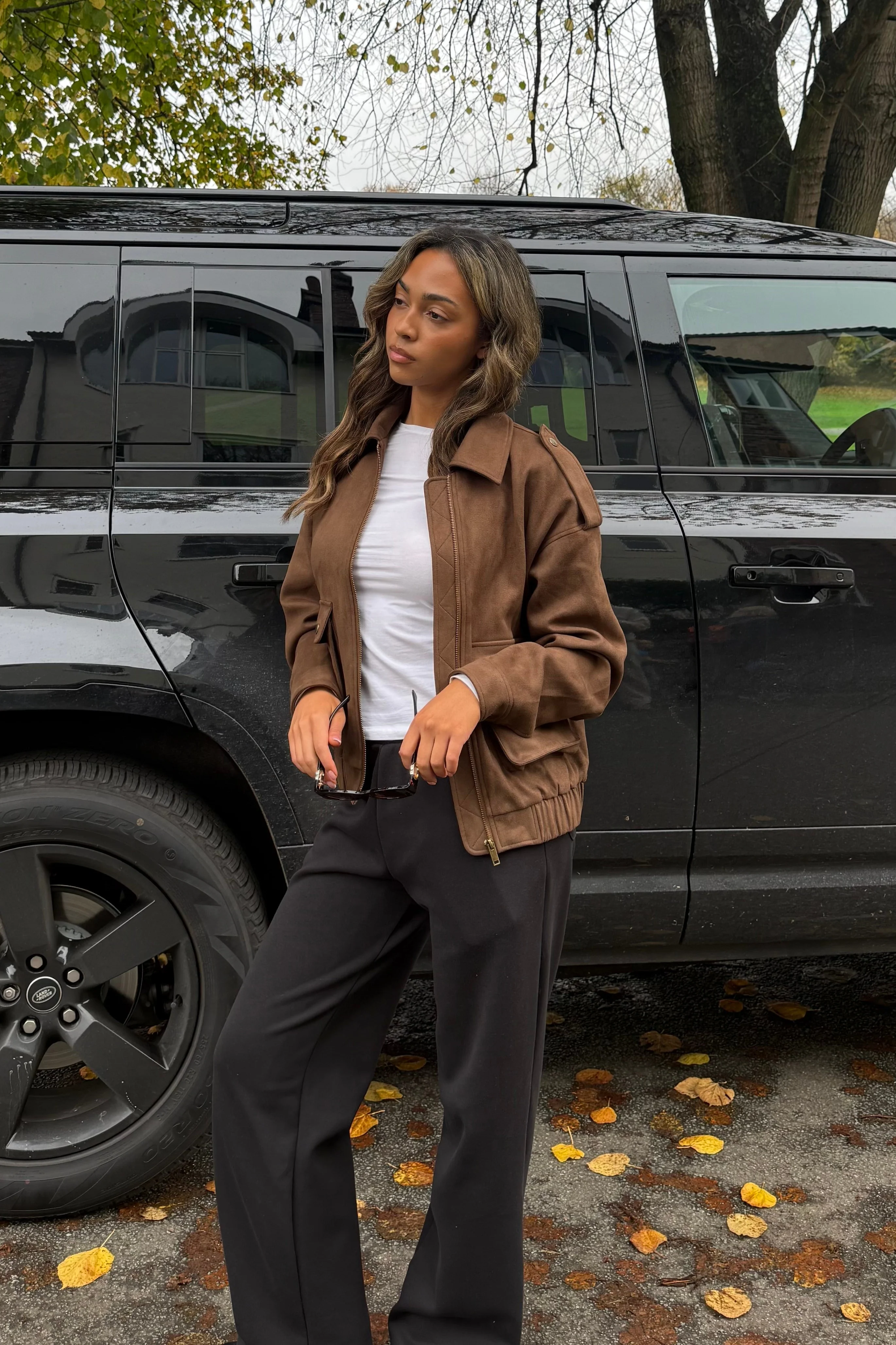 Avalon Faux Suede Bomber Jacket in Brown - Image 3