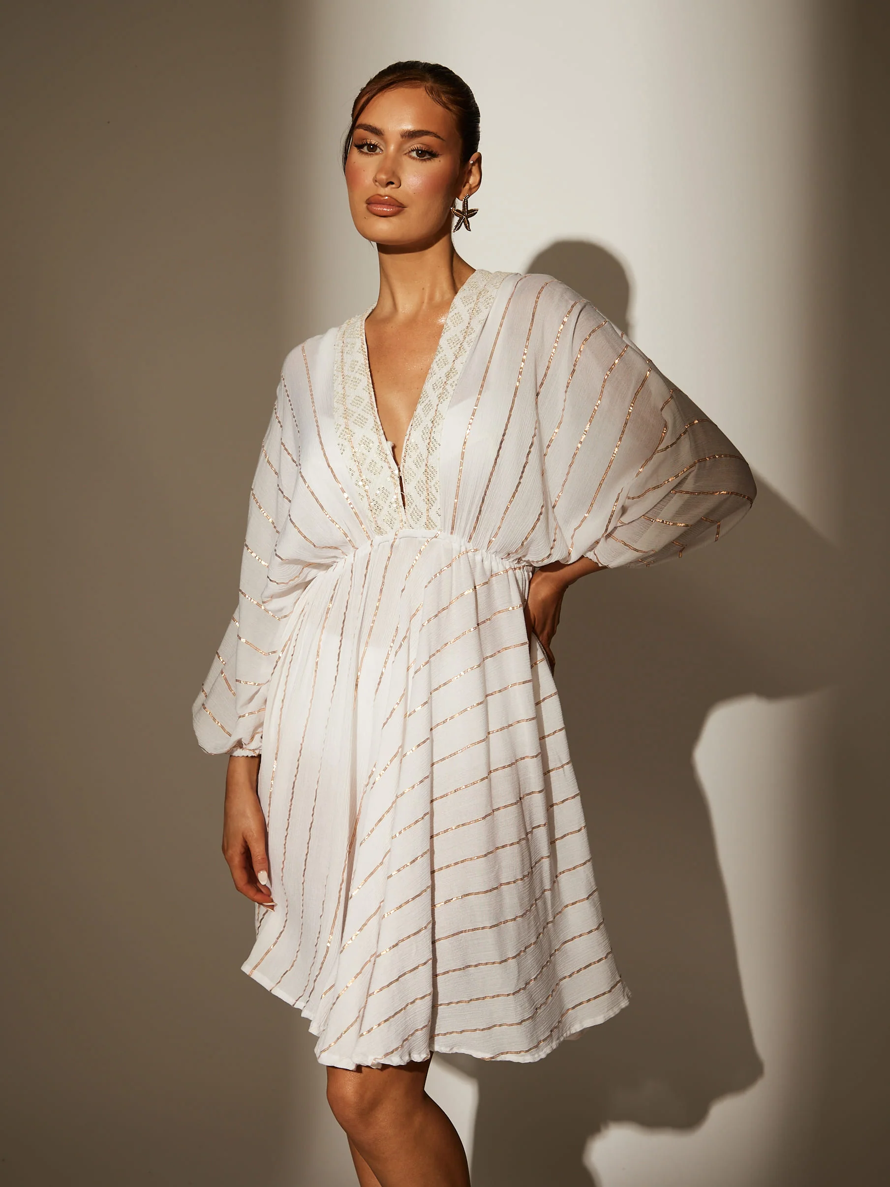V Neck Sequin Metallic Stripe Mini Dress in White - Image 3